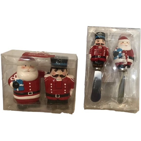 Santa & Nutcracker Salt & Pepper Shakers & Spreaders Gift Set Christmas - Picture 2 of 11